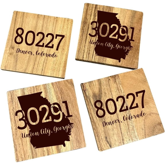 Personalized Zip Code Coasters Custom Engraved Wooden Coaster Set, City and State Design, Housewarming Gift, Custom Home Coordinates Decor, Rustic Drink Coasters for Coffee Table
