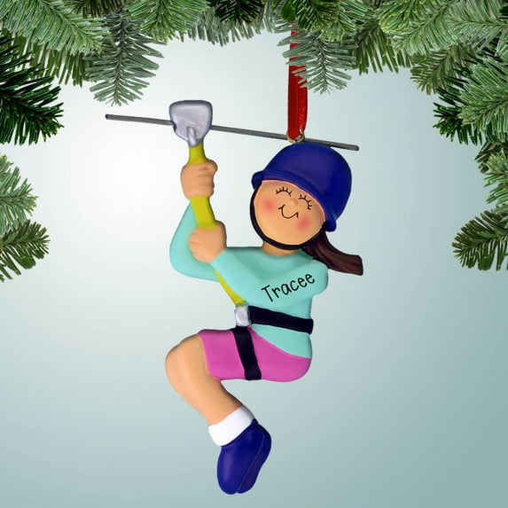 Personalized Zipline with Yellow Rope - Female Brown Christmas Ornament - Ziplining Adventure - Family Vacation - Travel