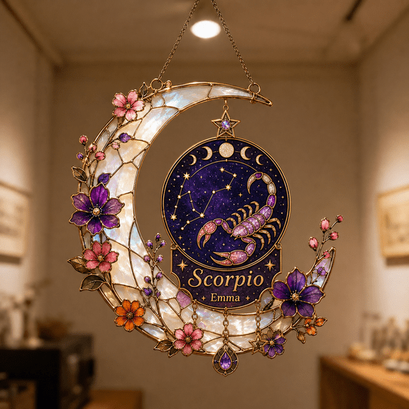 Personalized Zodiac Sign Window Hanging Suncatcher Moon Stained Glass Scorpio Gift