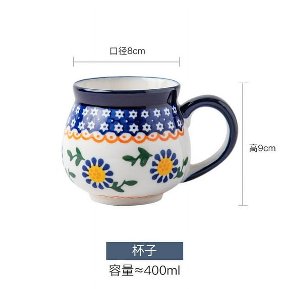 Personalized big Belly Cup,Hand-Painted Polish Pottery Coffee Mugs, 14 oz, Blue and White Floral Hearts Design