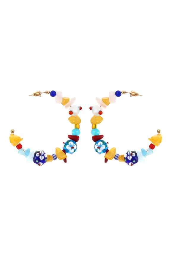 Personalized candy-colored glass beaded C-shaped earrings, fashionable and simple bohemian stone drop earrings for women.