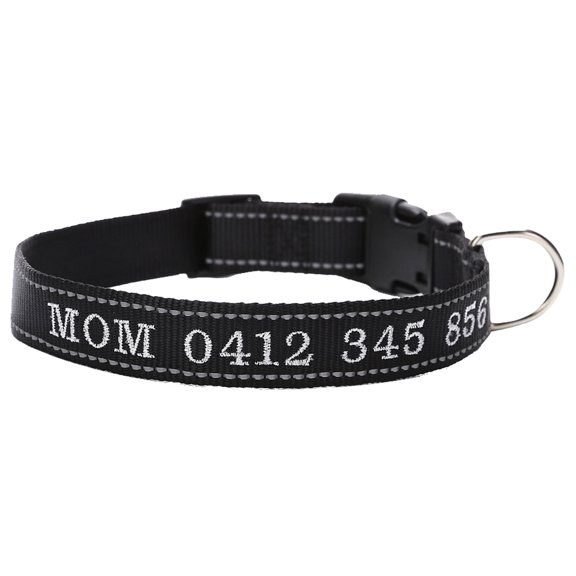 Personalized dog collar, custom embroidered pet name and phone number, quick release D ring