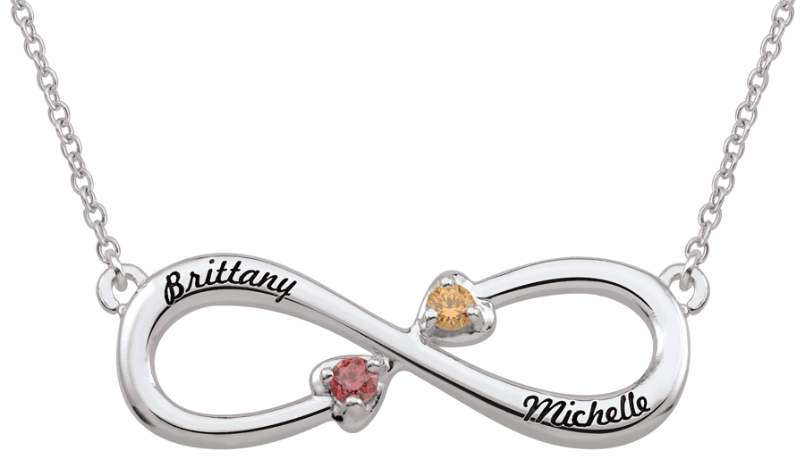 Personalized double heart stone infinity necklace by Jewelster