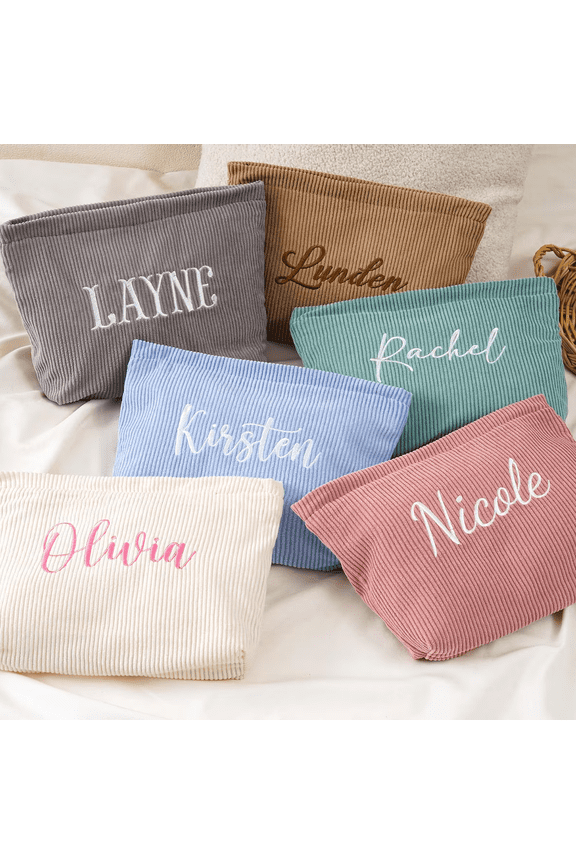 Personalized embroidered corduroy Makeup bag,Letter Toiletry cosmetic bag,Bridesmaid proposal gift,Bachelorette party gift,Custom Makeup bag