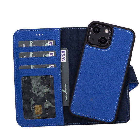 Personalized iPhone 13 Mini Compatible Detachable Full Grain Leather Wallet Case with Kickstand Feature