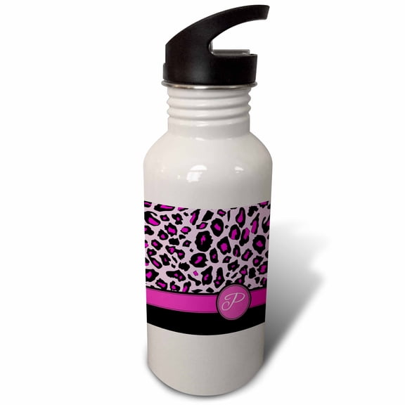 3dRose, Personalized initial P monogrammed hot pink and black leopard pattern animal print - personal letter, 21 oz Sports Water Bottle