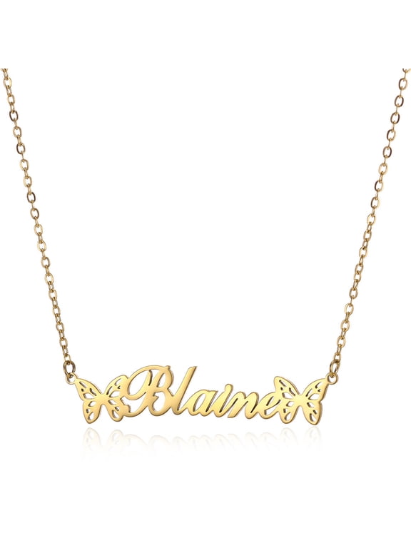 Personalized name necklace with Butterfly, 18K gold plated stainless steel custom nameplate pendant necklace
