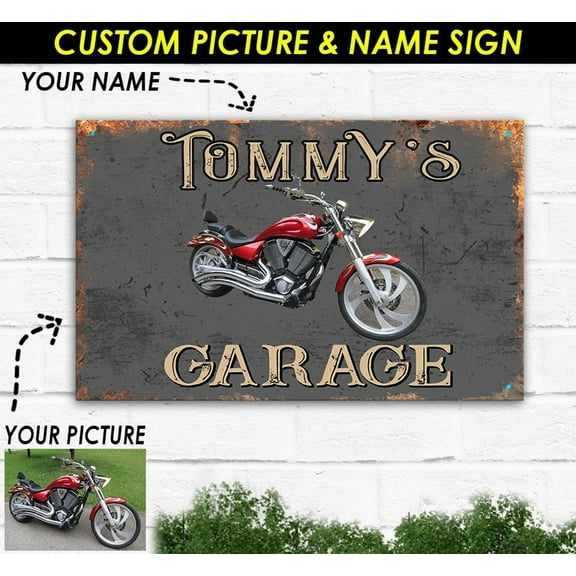 Personalized photo and Name motorcycle Printed Metal Sign, motorcycle garage dcor xmas gift for bikers (Gara)