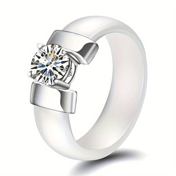 Personalized simple 7MM ceramic black and white inlaid with square zircon oxide men's and women's fashion ring,White Silver-8