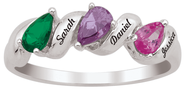 Jewlster Personalized Sterling Silver Triple Pear Stone Ring with Custom Engraving