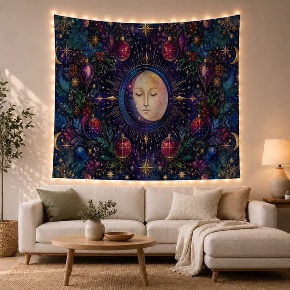 Personified Moon Face with Sunburst Against Navy Starry Sky, Mystical Celestial for Space Lovers, Ornate Holiday Art Decor Christmas Gift, Tapestry Wall Hanging for Bedroom and Living Room