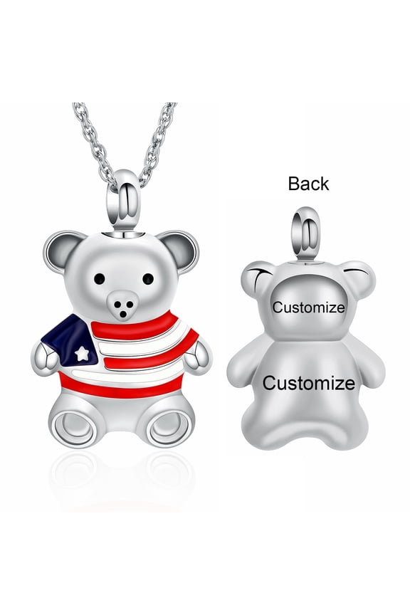Personlized American Flag Bear Cremation Jewelry - Teddy Bear Urn Necklace for Men Women Personalized Necklaces Engraved Names Jewelry