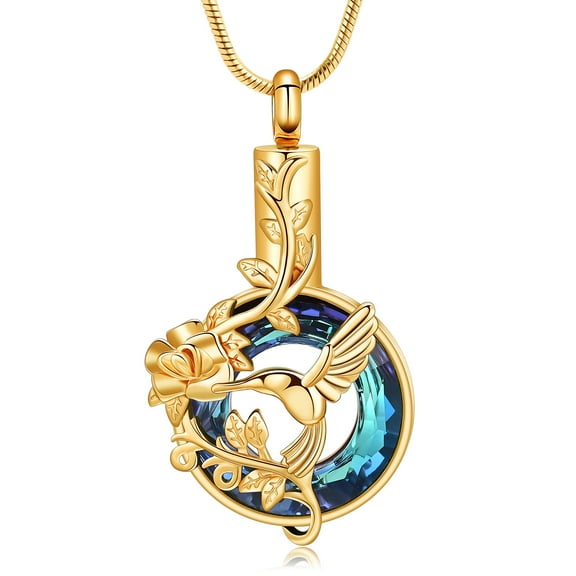 Personlized Birthstone Hummingbird Urn Cremation Jewelry Crystal Circle Urn Necklace for Ashes Women Men Memorial Keepsake Necklace of Loved One