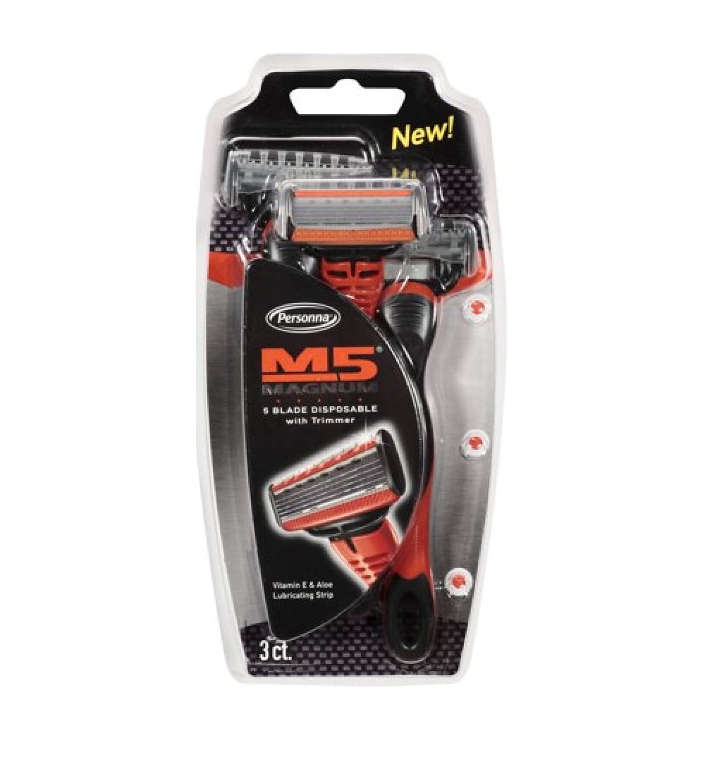 Personna M5 Magnum 5 Blade Disposable Razors with Trimmer, 3 Count