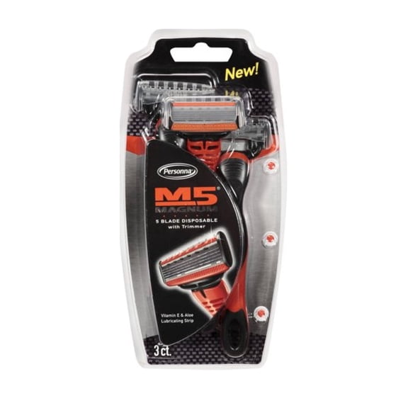 Personna M5 Magnum 5 Blade Disposable Razors with Trimmer, 3 Count