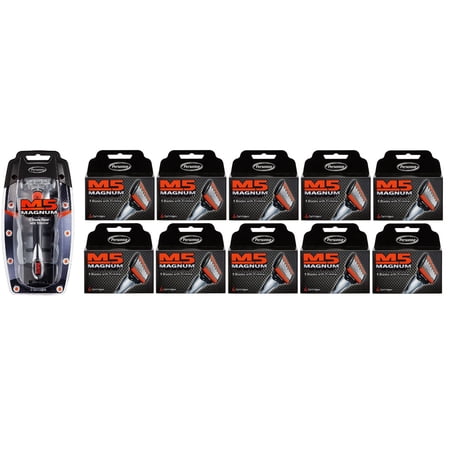 Personna M5 Magnum 5 Razor with Trimmer + M5 Magnum 5 Refill Razor Blade Cartridges, 4 ct. (Pack of 10) + 3 Count Eyebrow Trimmer