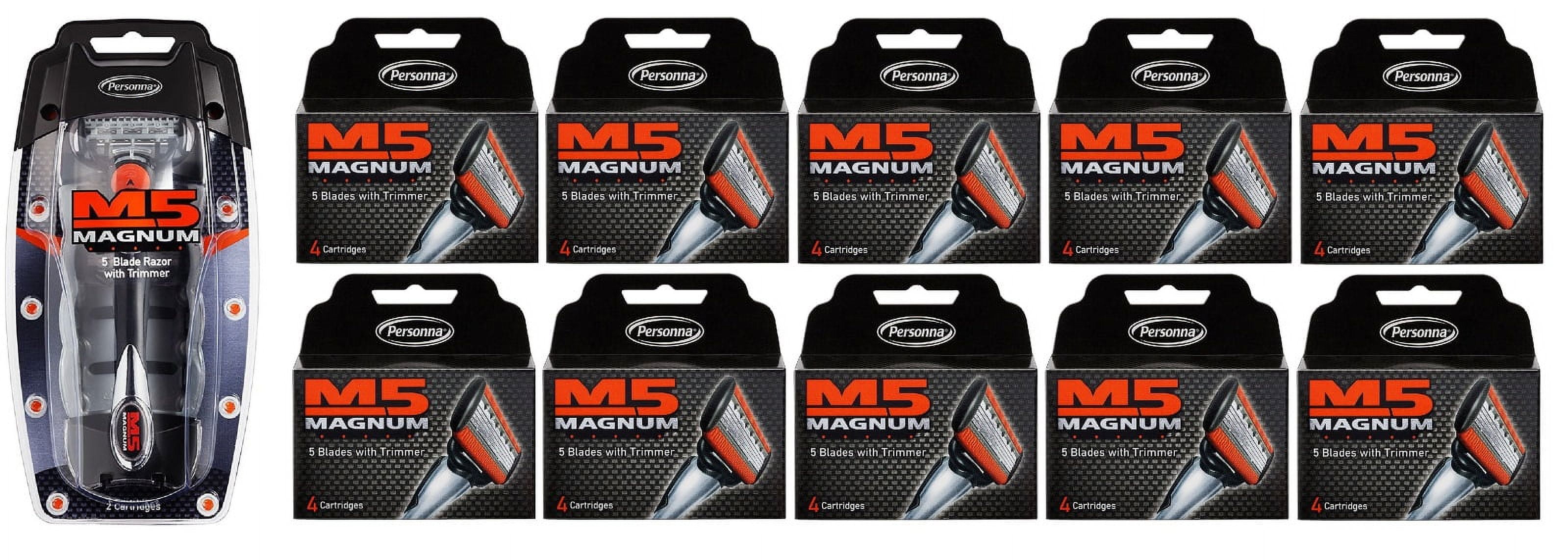 Personna M5 Magnum 5 Razor with Trimmer + M5 Magnum 5  Refill Razor Blade Cartridges, 4 ct. (Pack of 10)