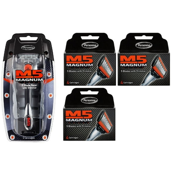 Personna M5 Magnum 5 Razor with Trimmer + M5 Magnum 5 Refill Razor Blade Cartridges, 4 ct. (Pack of 3) + Schick Slim Twin ST for Dry Skin
