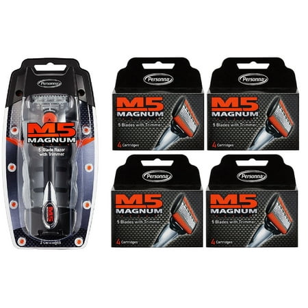 Personna M5 Magnum 5 Razor with Trimmer + M5 Magnum 5 Refill Razor Blade Cartridges, 4 ct. (Pack of 4) + 3 Count Eyebrow Trimmer