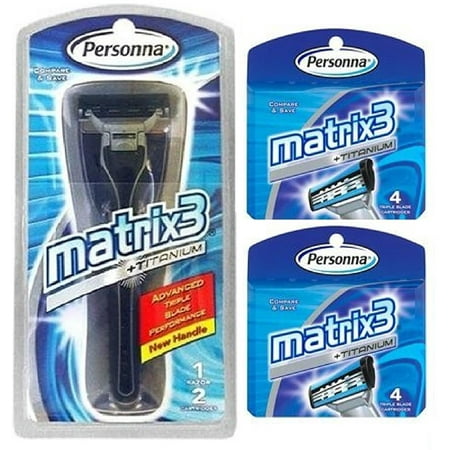 Personna Matrix3 Advanced Triple Blade Razor Handle + Matrix3 Titanium Triple Blade Refill Cartridge Blades, 4 Ct. (Pack of 2)