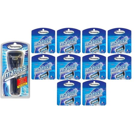 Personna Matrix3 Advanced Triple Blade Razor Handle + Matrix3 Titanium Triple Blade Refill Cartridge Blades, 4 Ct. (Pack of 10) + 3 Count Eyebrow Trimmer