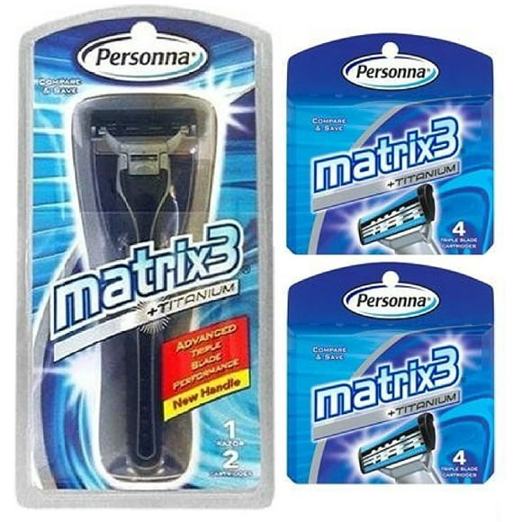 Personna Matrix3 Advanced Triple Blade Razor Handle + Matrix3 Titanium Triple Blade Refill Cartridge Blades, 4 Ct. (Pack of 2) + Schick Slim Twin ST for Dry Skin