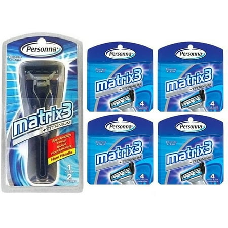 Personna Matrix3 Advanced Triple Blade Razor Handle + Matrix3 Titanium Triple Blade Refill Cartridge Blades, 4 Ct. (Pack of 4) + Schick Slim Twin ST for Dry Skin