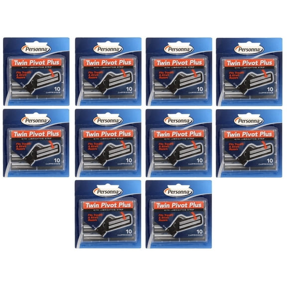 Personna Twin Pivot Plus Refill Blade Cartridges w/ Lubricating Strip for Atra & Trac II Razors 10 ct. (Pack of 10) + Schick Slim Twin ST for Dry Skin
