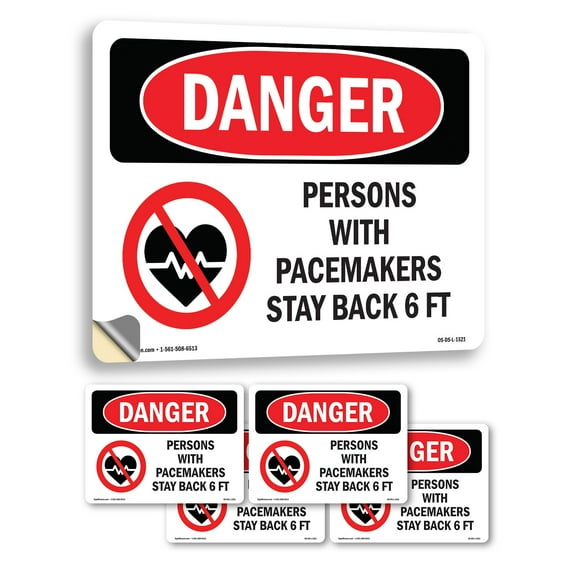 Persons With Pacemakers Stay Back 6 Ft OSHA Danger Vinyl Decal Label 10 Inch x 7 Inch - 5 Pack
