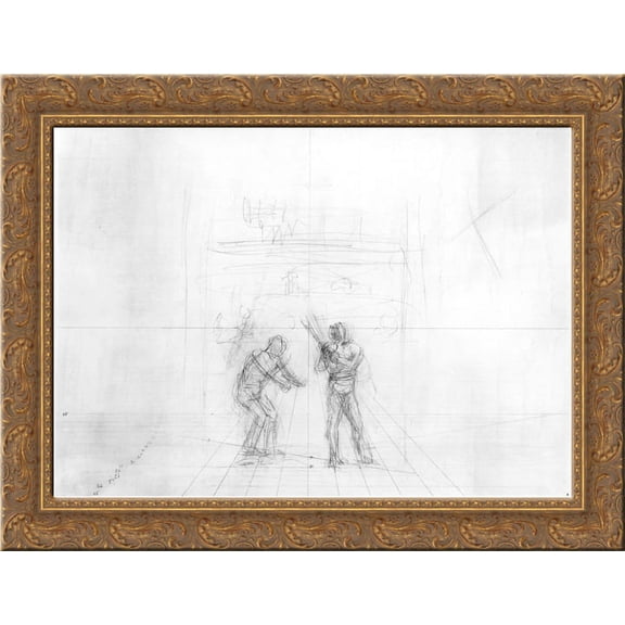 Perspective drawing for baseball players practicing 24x18 Gold Ornate Wood Framed Canvas Art by Thomas Eakins