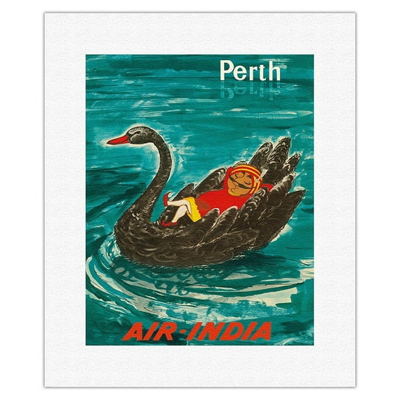 Perth Australia - Air India Mascot Maharajah - Black Swan - Vintage Airline Travel Poster by J.B. Cowasji c.1960s - Fine Art Rolled Canvas Print 11in x 14in