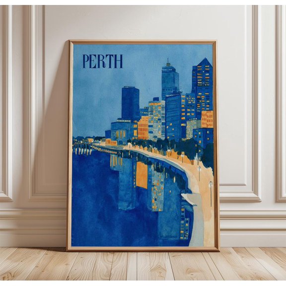 Perth Australia City Skyline River Print Waterfront Night Scene Wall Art Modern Travel Decor, Unframed Paper Print