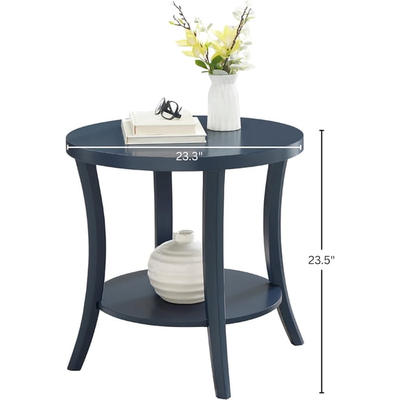 Perth Contemporary Round End Table with Shelf, Navy Blue Finish for Living Room Decor