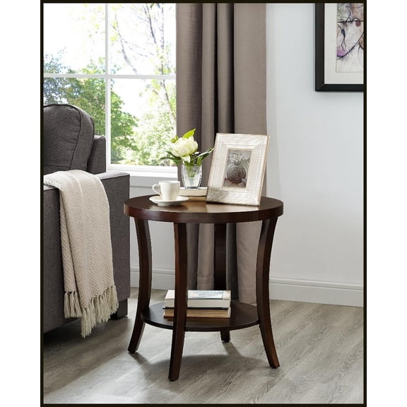 Perth Espresso Coffee Table with Round Birch Veneer Top & Under Shelf - Space-Saving for Living Room