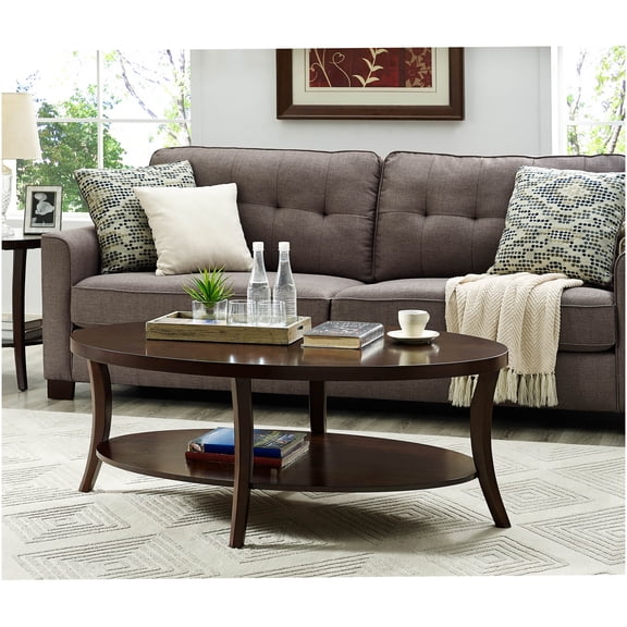 Perth Espresso Oval Coffee Table with Storage Shelf, Wood Veneer Oval Top, Rich Espresso Finish, Living Room Center Table