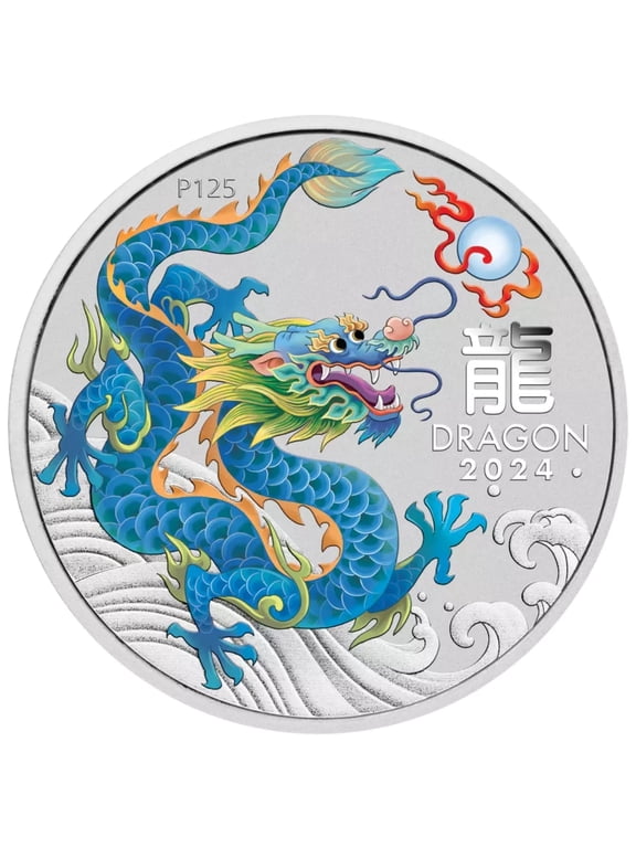 2024 Lunar Series Silver Bullion Coin, Teal Dragon, Capsulated, 1 Piece