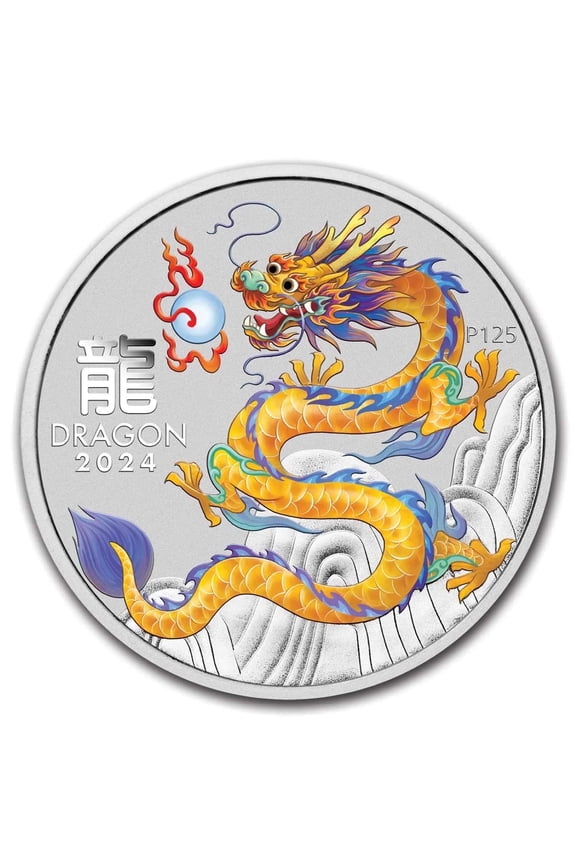 2024 Silver Lunar Colorized Yellow Dragon Coin, 1 oz, Capsulated