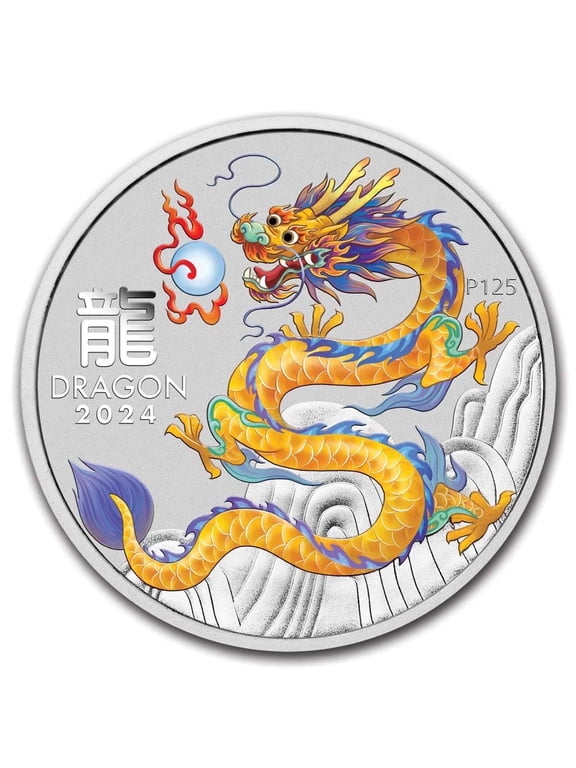 2024 Silver Lunar Colorized Yellow Dragon Coin, 1 oz, Capsulated