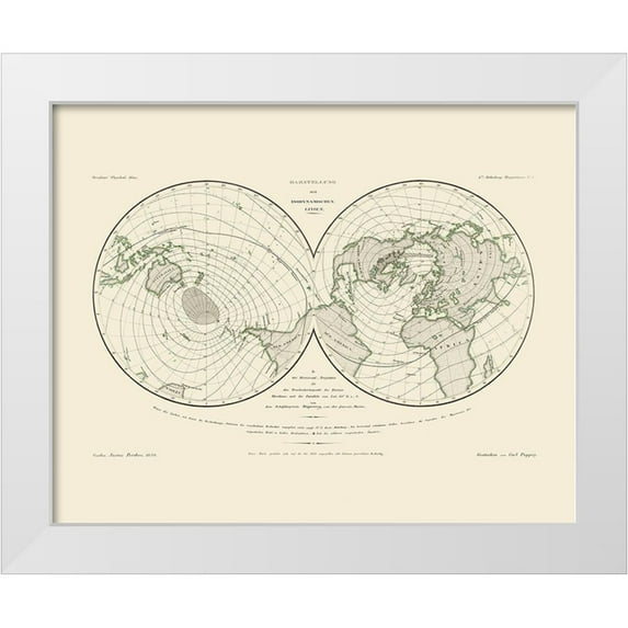 Perthes 14x12 White Modern Wood Framed Museum Art Print Titled - World Isodynamic Lines - Perthes 1839
