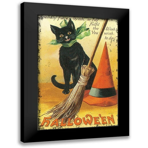Pertiet, Katie 11x14 Black Modern Framed Museum Art Print Titled - Halloween Nostalgia Cat with Broom