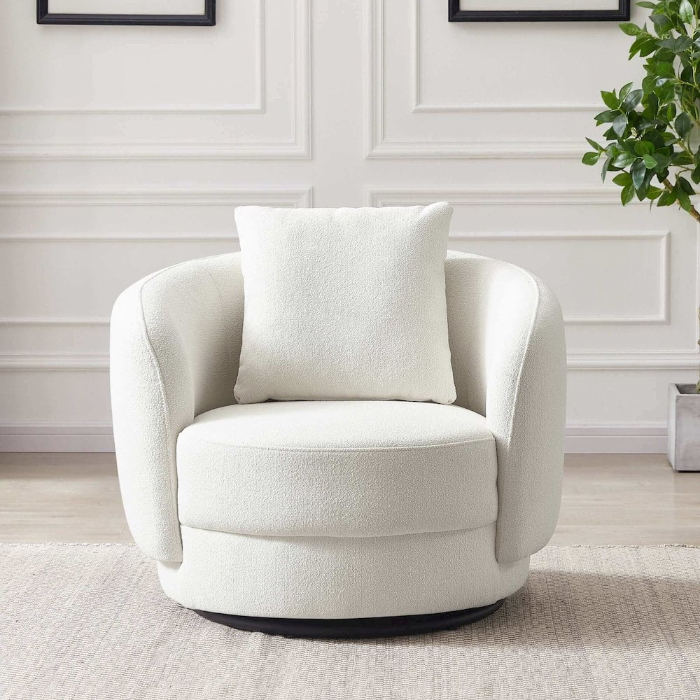 Cream Microfiber Barrel Accent Chair with Wood Frame