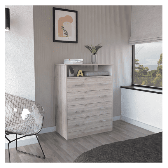 Peru 4 Drawer Dresser with Open Shelf - Light Gray & White - Bedroom Storage - Modern Design - 33 Inch Wide - Metal Frame