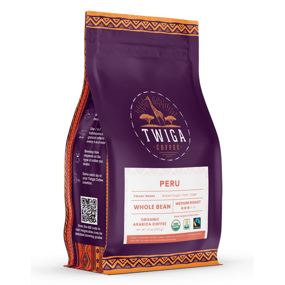 Peru Coffee | USDA Organic | Fairtrade | Medium Roast | Whole Bean | 12 oz | Twiga Coffee
