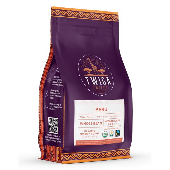 Peru Coffee | USDA Organic | Fairtrade | Medium Roast | Whole Bean | 12 oz | Twiga Coffee