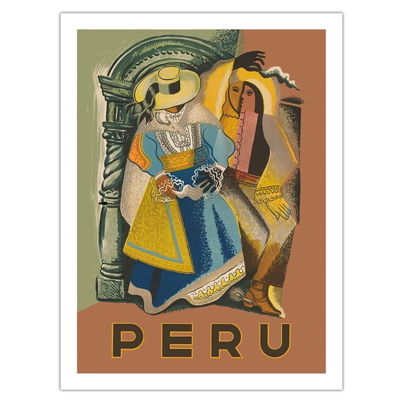 Peru - Cubist Dancers - Vintage Travel Poster by Springett c.1940s - Fine Art Matte Paper Print (Unframed) 24x32in