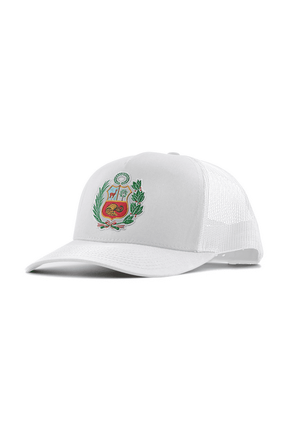 Peru Escudo Hat – Trucker Mesh Snapback Cap – Adjustable — Gorras de Peru — PeruCoUSA (White)