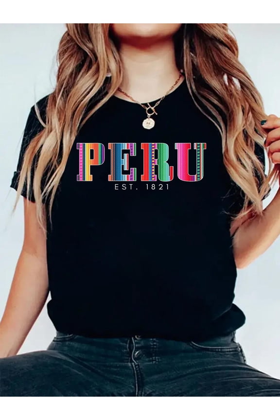 Peru Est. 1821 Peruvian Pattern Roots Peru T-Shirt Graphic Tee summer Tops For Women Round Neck Fashion Cotton shirts
