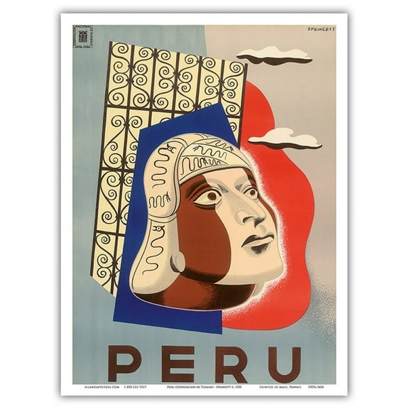 Peru - Head of Inca Native - Vintage Travel Poster by Springett c. 1950 - Master Art Print (Unframed) 9in x 12in