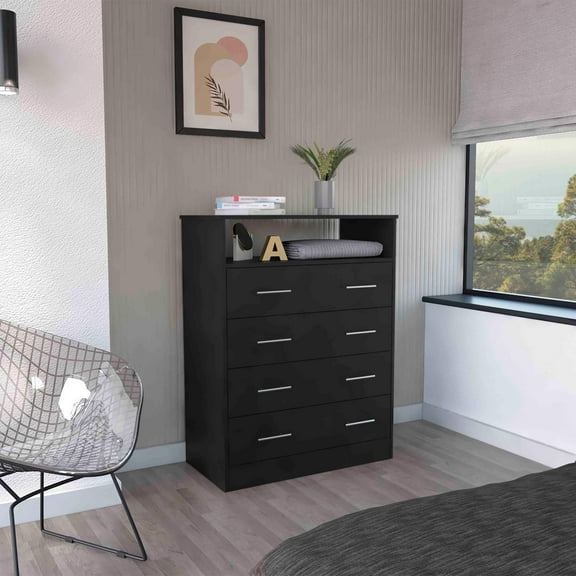 Peru L Four Drawer Dresser, Superior Top, One Open Shelf Black