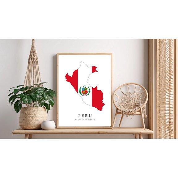 Peru Map Flag Latitude Longitude Coordinates Decorative Wall Art Poster , Poster Print Only
